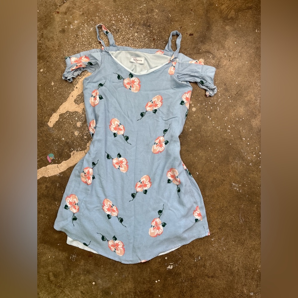 Ces Femme Light Blue Floral Cold Shoulder Mini Dress
